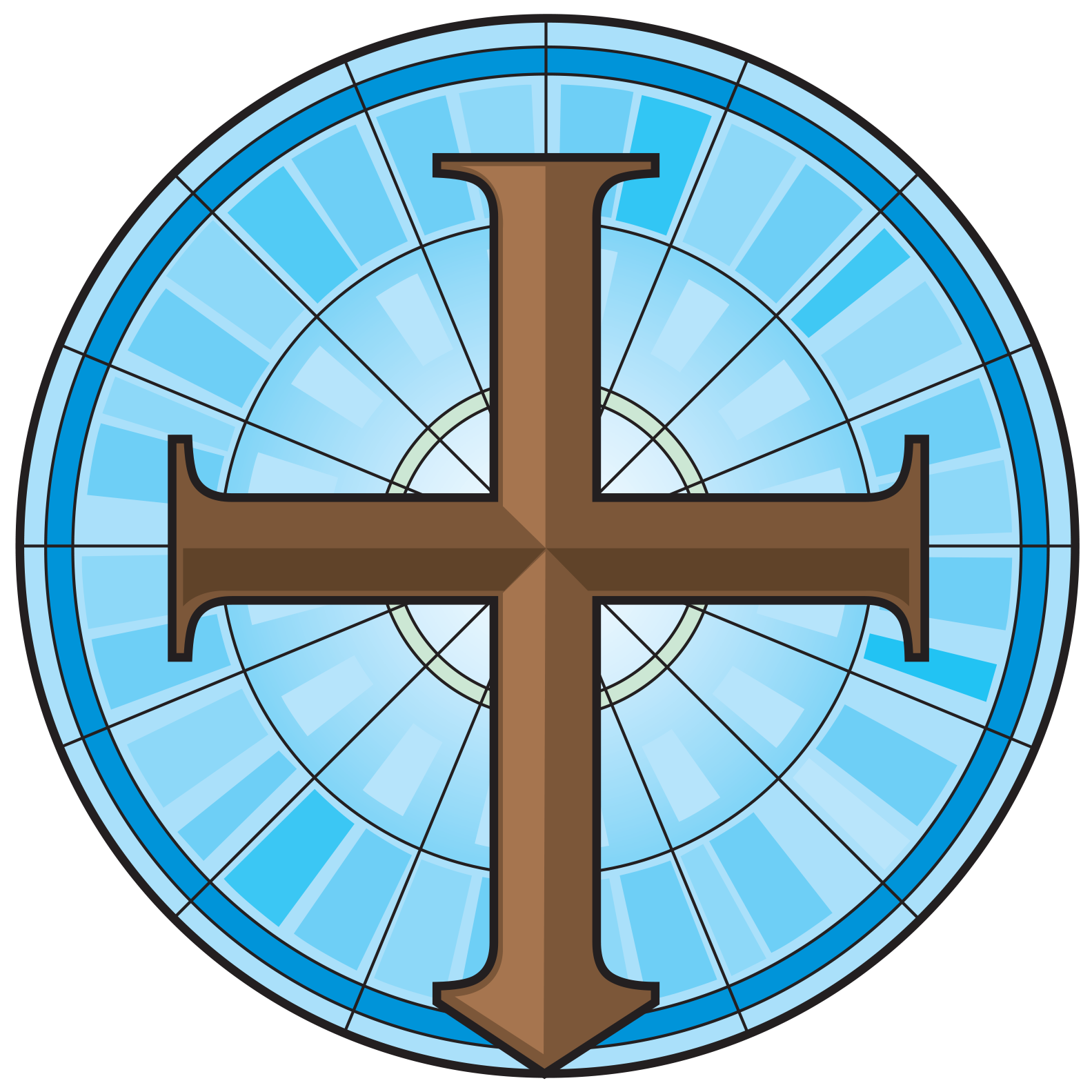 The Church of the Redemption logo is a brown cross with a circular background that looks like stained glass in shades of light blue.